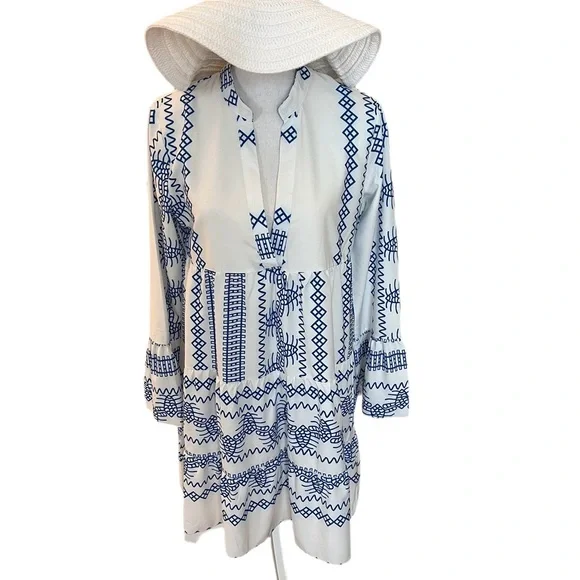 NEW Blue White Aztec Embroidered Tunic Dress | Boho Beach Cover-Up | Size M - Picture 2 of 7